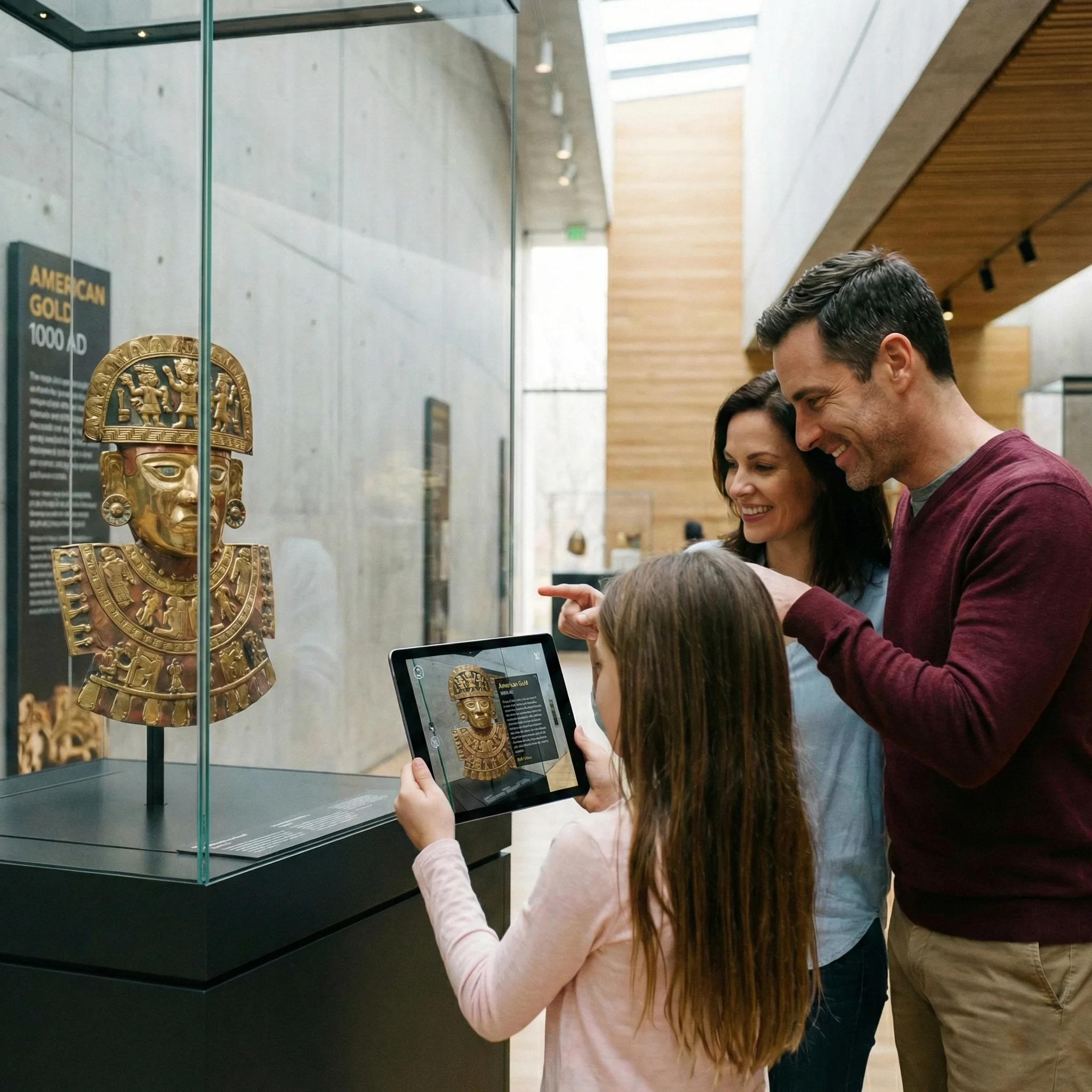 Family exploring an artifact with the AR companion app on a tablet