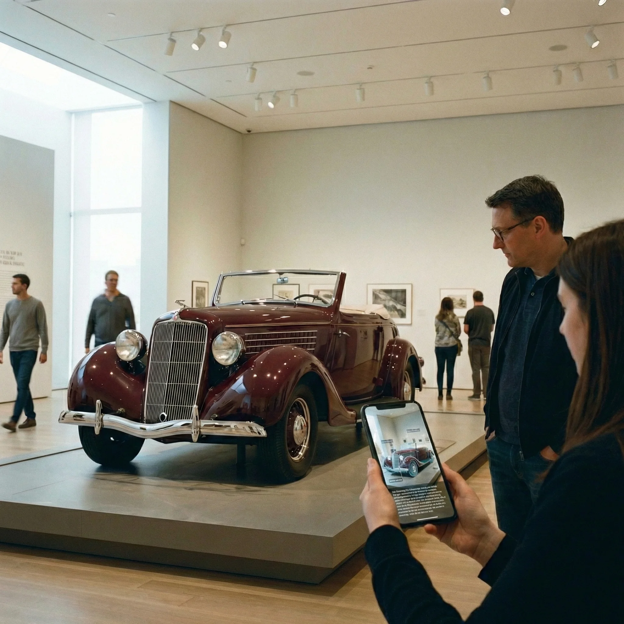Visitor viewing a classic car exhibit through the AR companion app