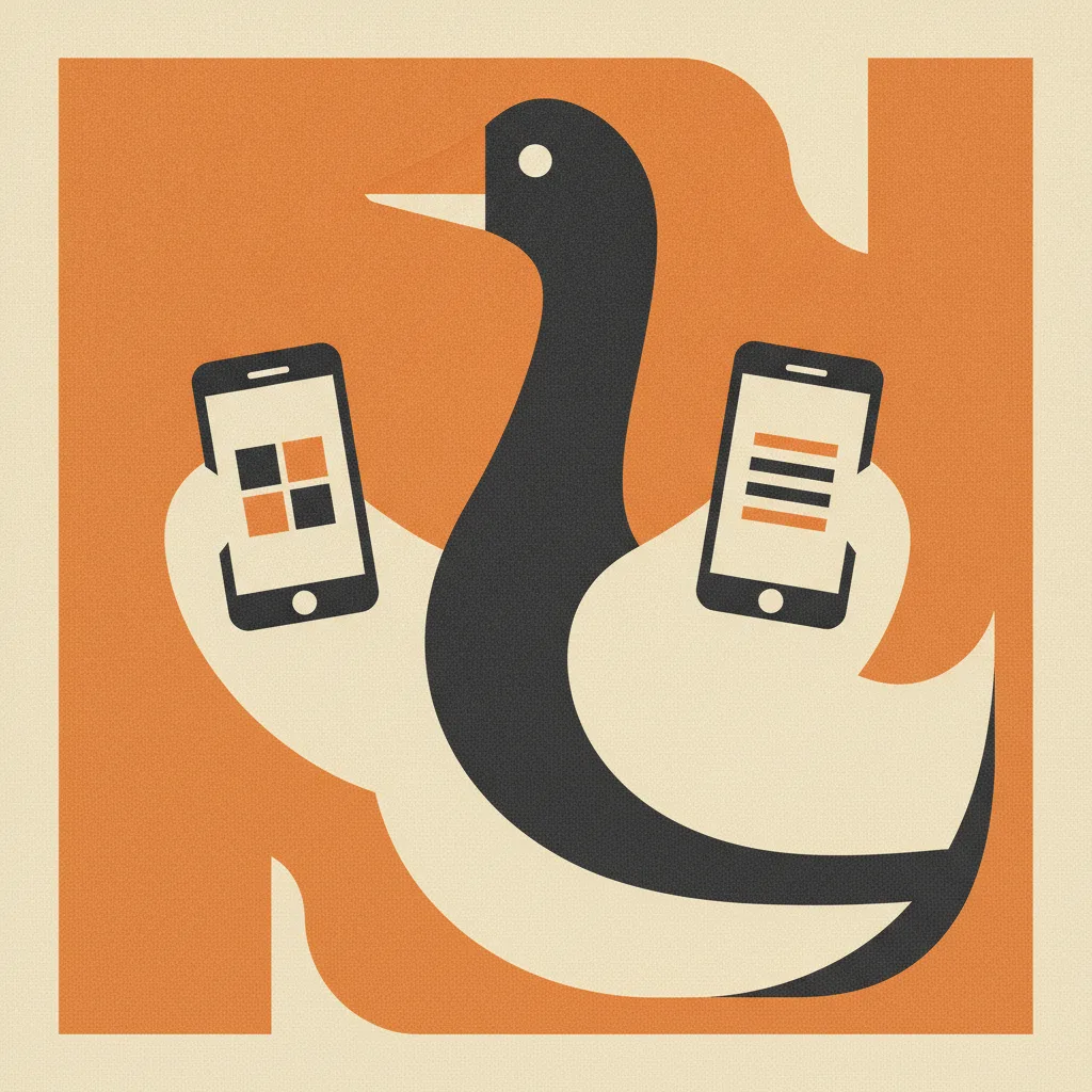 Geometric goose with two smartphones showing app interfaces