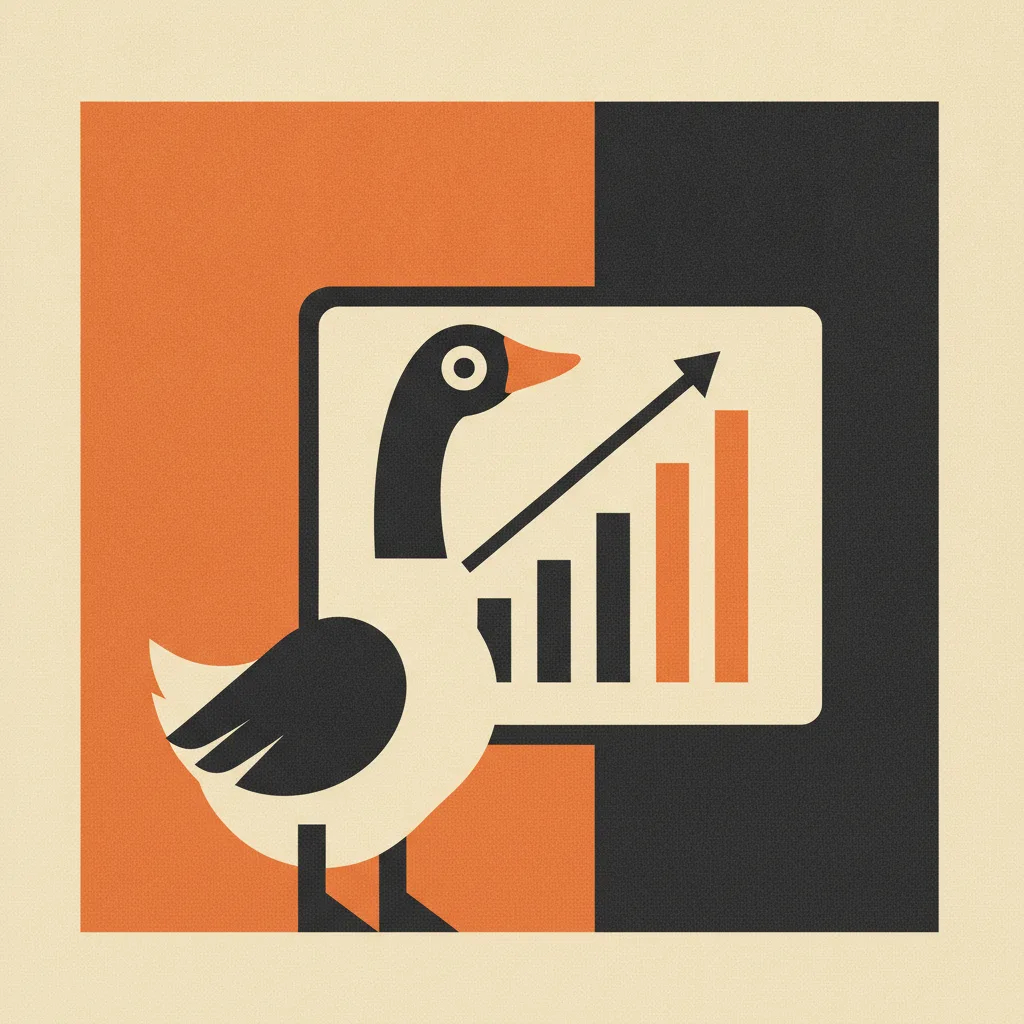 Geometric goose studying an analytics dashboard with bar charts