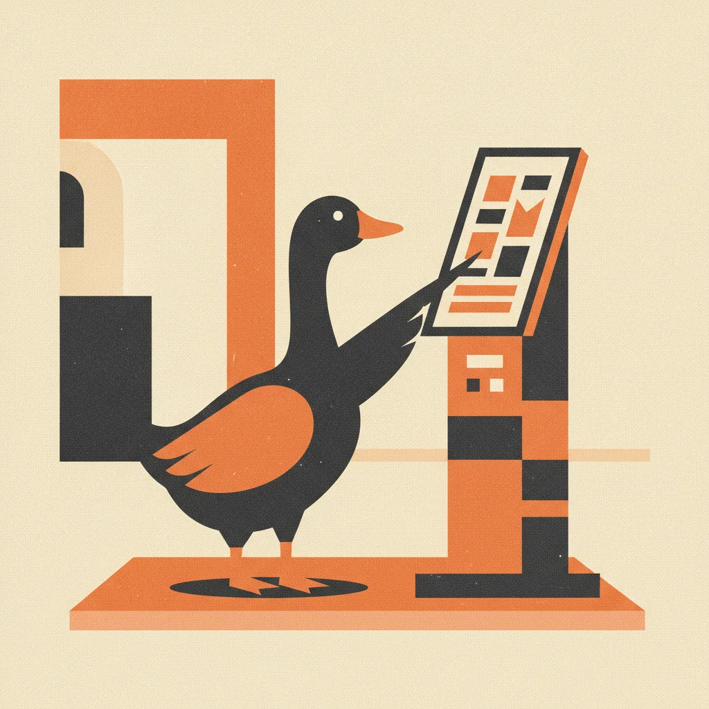 Geometric goose interacting with a digital kiosk in a museum gallery