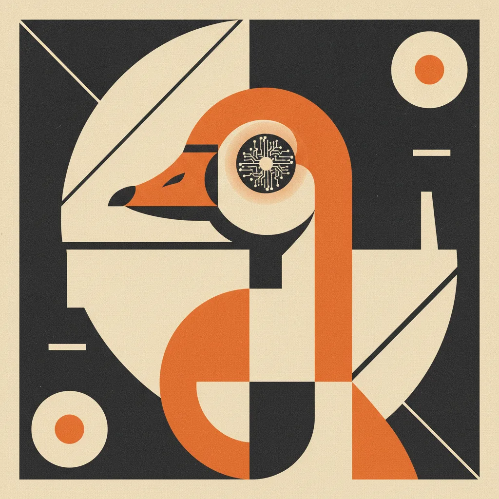 Geometric goose with circuit board eye representing AI intelligence and systematic thinking