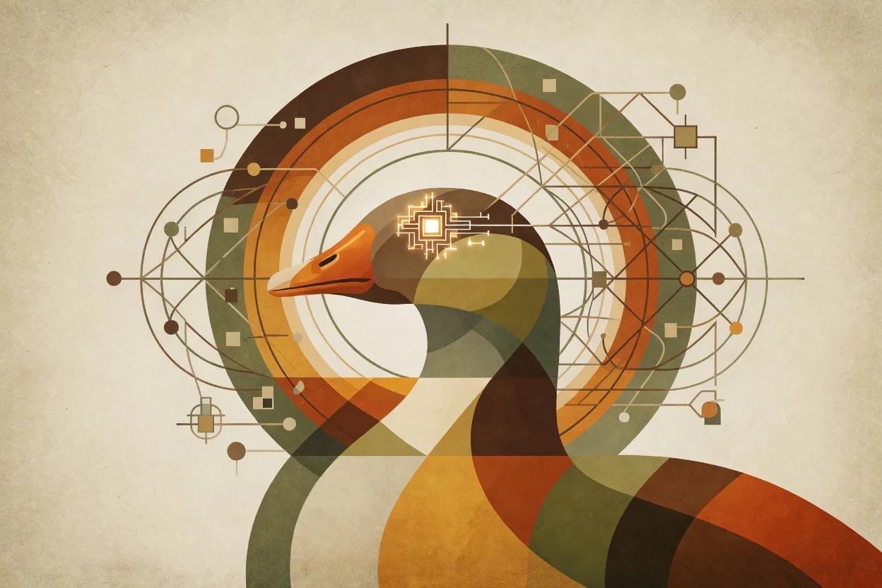 Geometric goose with circuit board eye representing AI intelligence