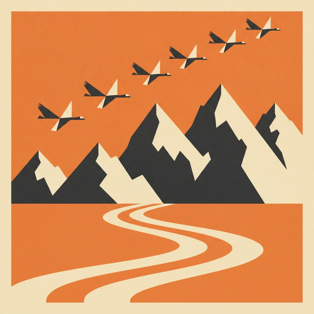 Geometric illustration of geese flying in formation over mountains and a winding river path