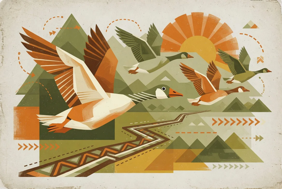 Geometric illustration of geese flying in formation over mountains and a winding river path, representing purposeful migration and coordinated travel strategy