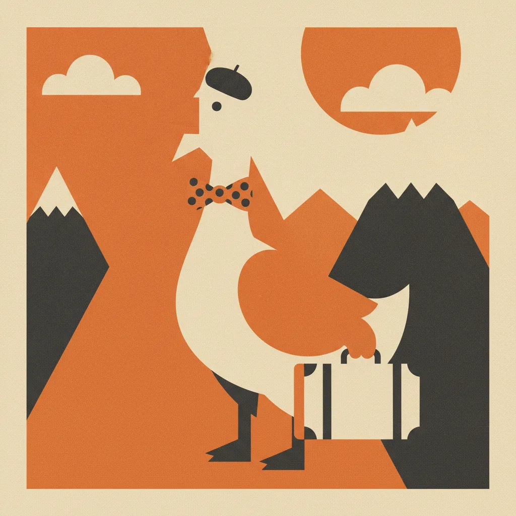 Retro geometric goose dressed for travel with a suitcase and polka-dot bow tie