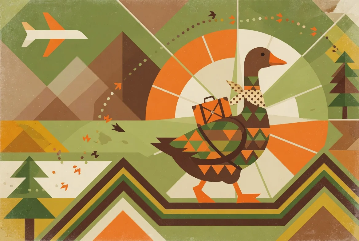 Retro geometric goose dressed for travel with a suitcase and polka-dot bow tie, representing a well-equipped journey into AI tools and strategy