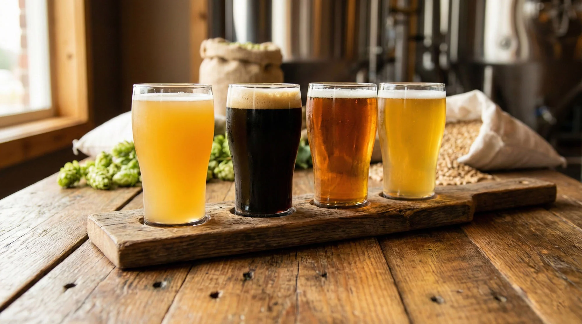 Craft brewery taproom with cans lined along the bar