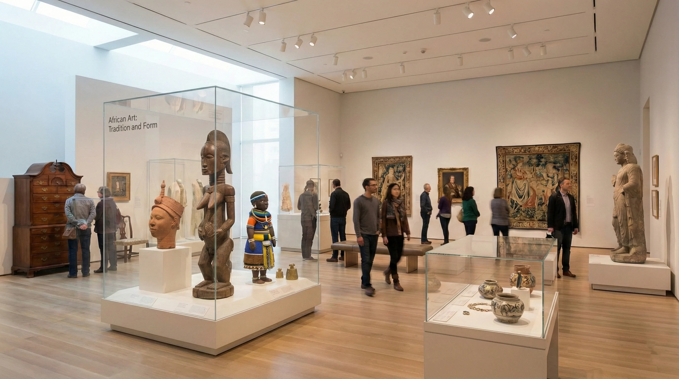 Museum gallery with visitors interacting with digital displays