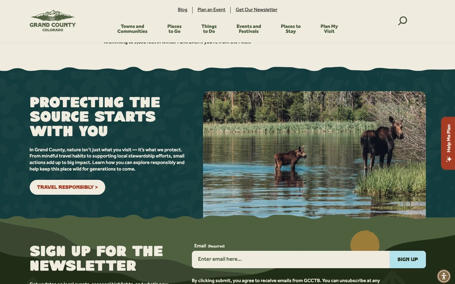 Visit Grand County homepage with seasonal hero and Mindtrip trip planner CTA