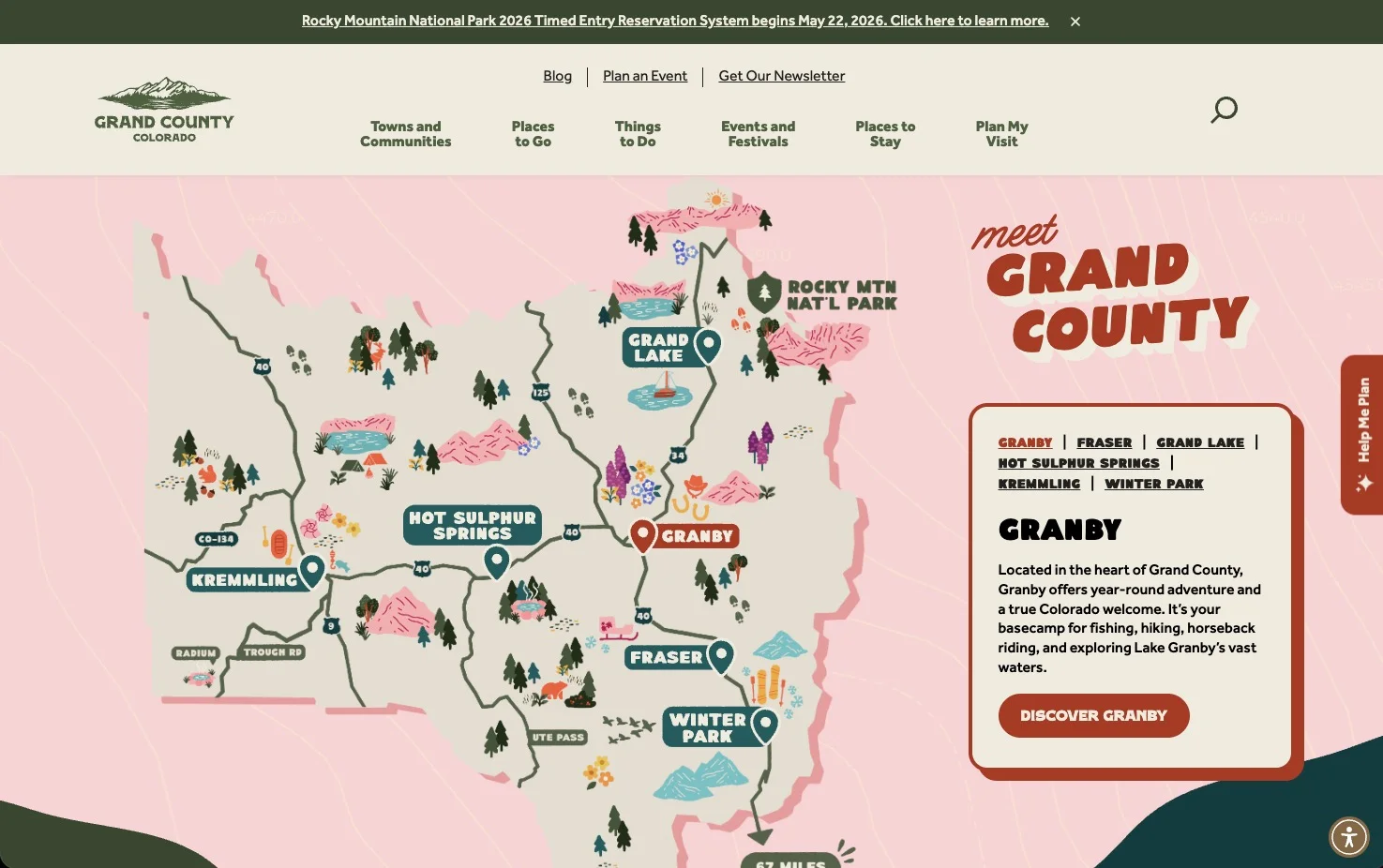 Town hub page with trail cards and Stand Grand responsible-travel module