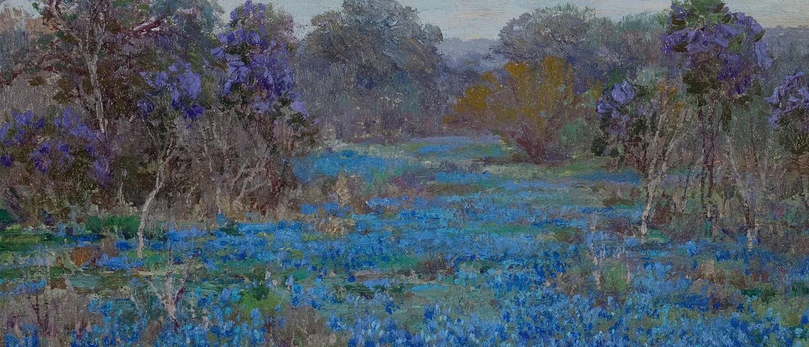 Bluebonnets blooming under live oaks across a Texas Hill Country meadow at dusk
