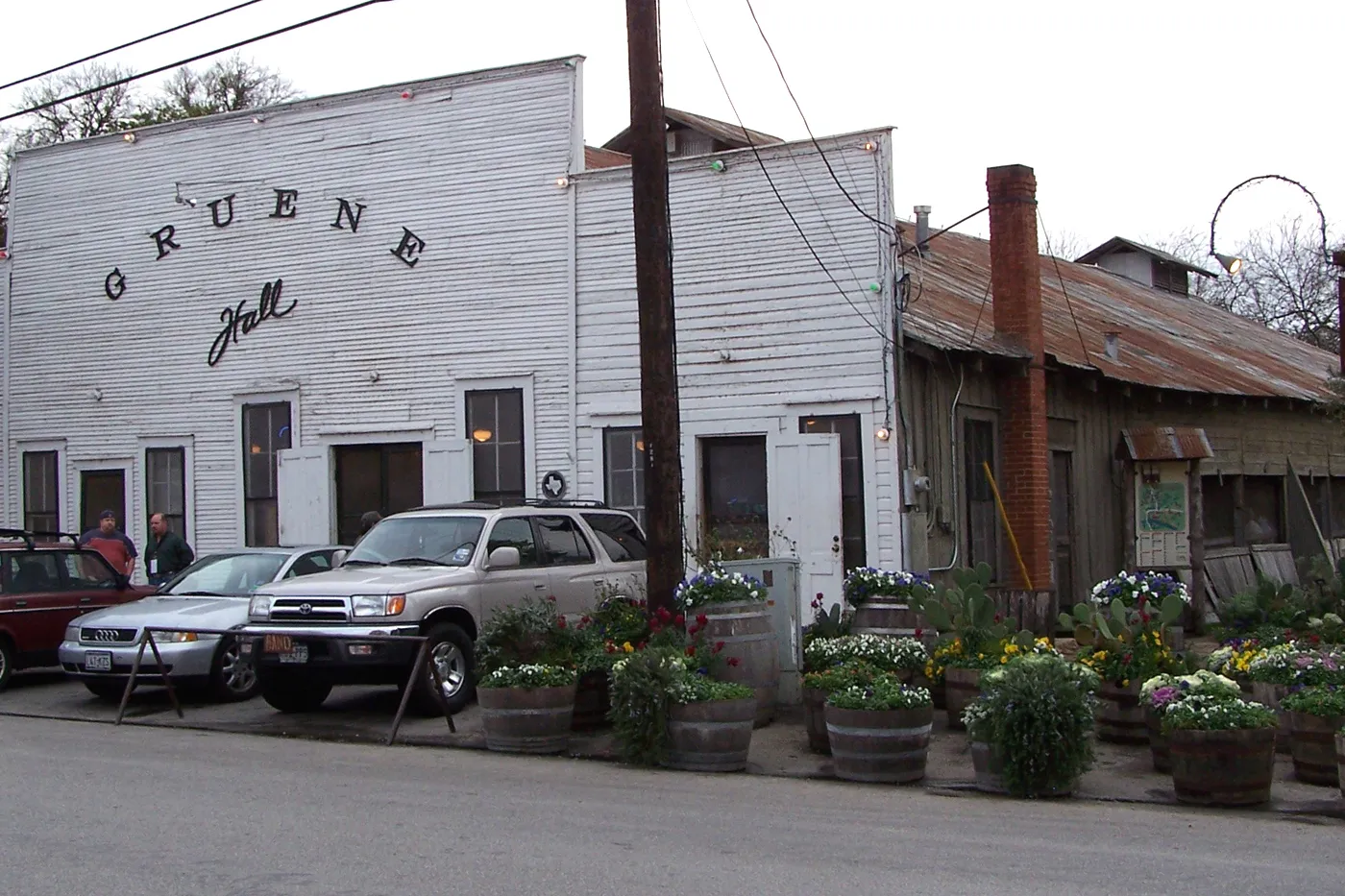 The weathered white facade of Gruene Hall, Texas's oldest dance hall