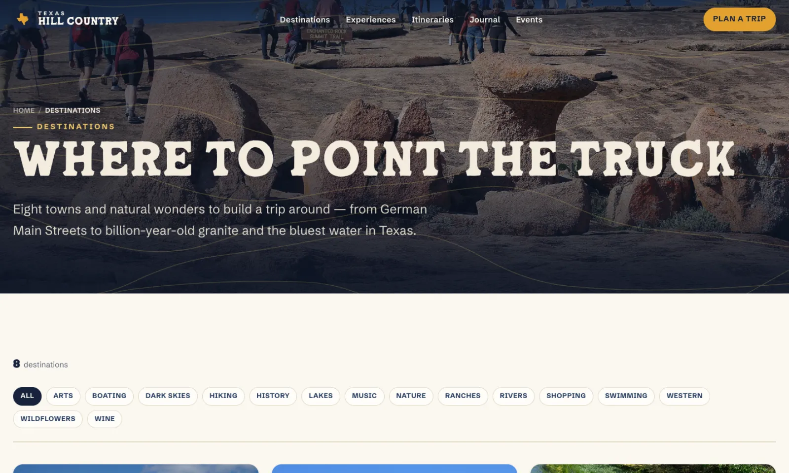 Destinations index page with tag filtering and coordinate-stamped destination cards