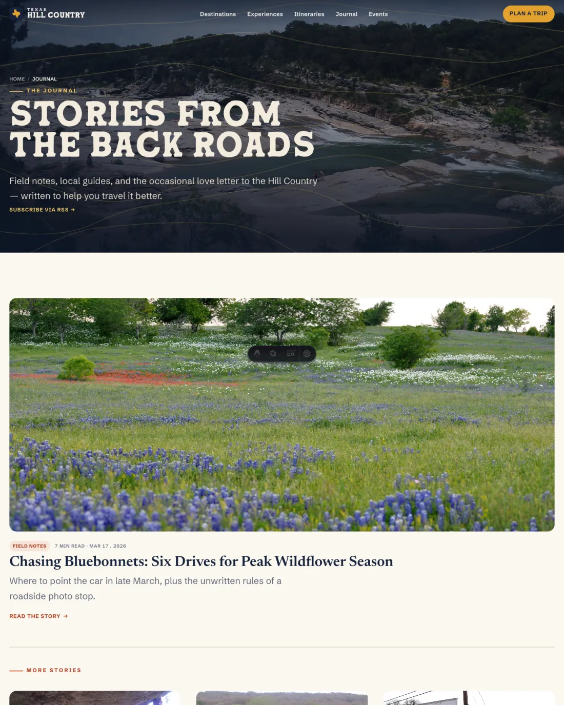 The Hill Country journal index — 'Stories from the back roads' with editorial article cards