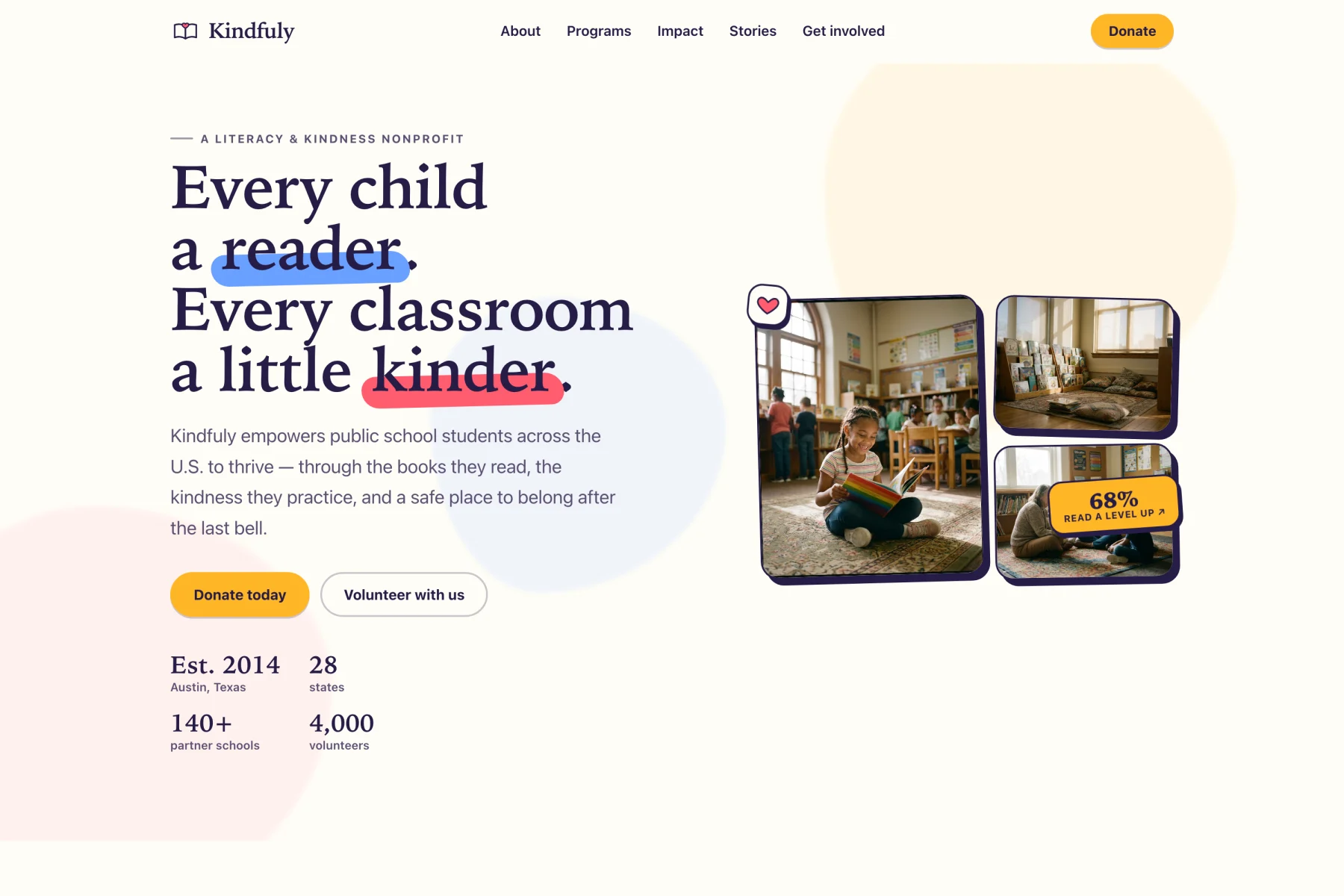 Kindfuly homepage — 'Every child a reader, every classroom a little kinder' with the hand-drawn highlighter marker underlining 'reader' and 'kinder'