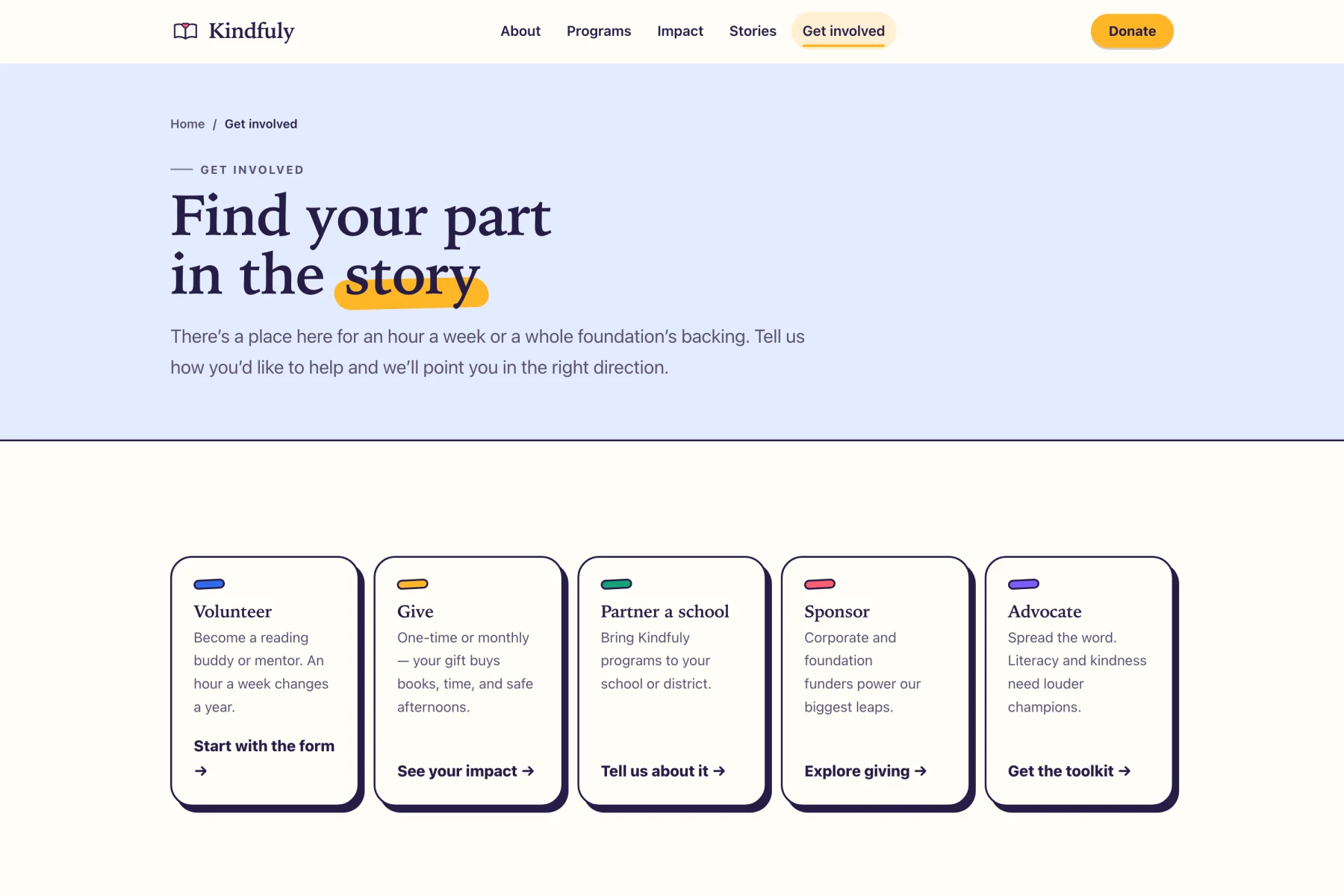 Kindfuly get-involved page — five ways to help laid out as crayon-accented cards