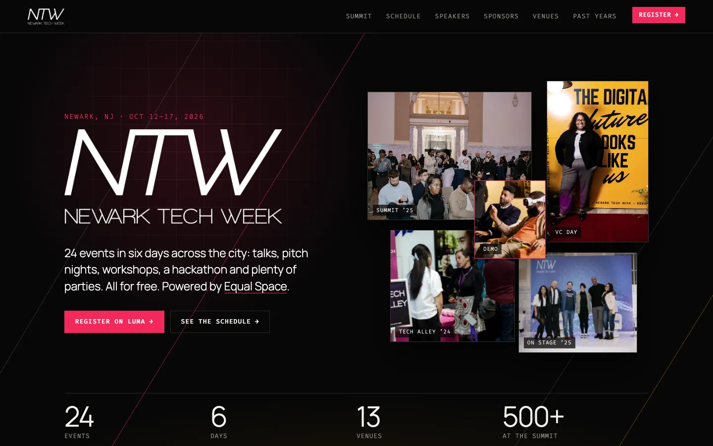 Newark Tech Week homepage in black and pink, with the NTW logo, event dates, and a collage of event photos
